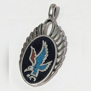 Vintage Sterling Silver Pendant Inlaid Turquoise Aztec Eagle Bird 6.3gr